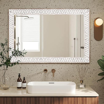 36x24 Inch Farmhouse Rectangle Wall Mirrors with Wooden Frame, Rustic Decorative Rectangular Mirror for Living Room, Bedroom, Bathroom, Entryway - Vertical/Horizontal Hanging