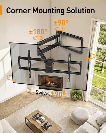 Perlegear Long Arm Full Motion TV Wall Mount for 42–90 Inch TVs up to 150 lbs, 40″ Long Extension, Pre-Assembled Corner TV Mount with Full Swivel, Tilt, Fits 8″/12″/16″/24″ Studs, Max VESA 800x400mm
