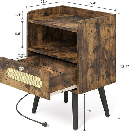 Nightstands/Beside Table Set of 2 with Charging Station, End Table with Diamond Handle and Rattan-Style Drawer, Rustic Brown