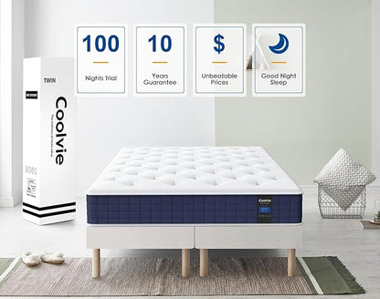 Coolvie Queen Mattress, 10 Inch Hybrid Mattress Queen Size, Individual Pocket Springs with Memory Foam, Bed in a Box, Cooler Sleep with Pressure Relief and Support