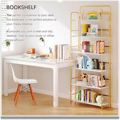 4NM No Assembly Folding Bookshelf 6 Tiers Vintage Industrial Gold Book Shelf Metal Foldable Storage Bookcase and Bookshelves for Living Room,Bedroom and Kitchen - White and Gold