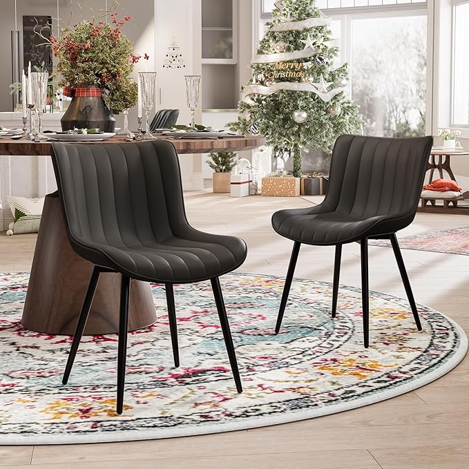 YOUNUOKE Black Dining Chairs Set of 2, Mid-Century Modern Faux Leather Upholstered Armless Kitchen Chairs, Metal Legs, 300 LBS Capability, Minimalist Accent Chair for Living Room