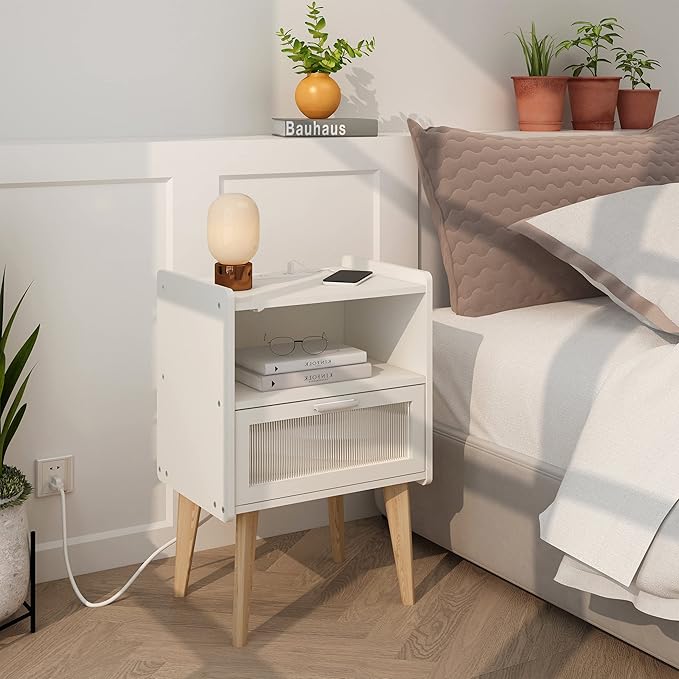 Nightstand with Charging Station, Bedside Tables with Glass Decorative Door, End Table Side Table with 2 Tiers Storage Space, for Bedroom, Living Room, White CAMLBZ07WE