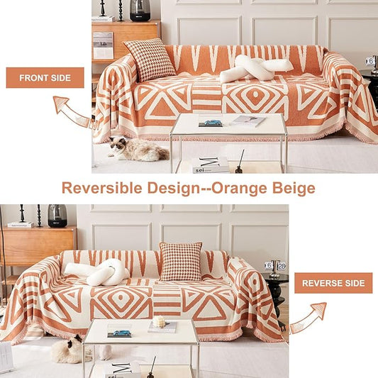 STACYPIK Soft Thick Boho Orange Loveseat Sofa Covers Modern Geometric Couch Cover for 1 Cushion Couch Reversible Pet-Friendly Protector Covers with Tassels Washable Caramel Sofa Throw Covers-71X71IN
