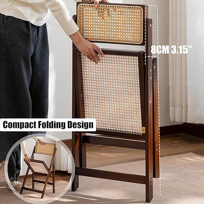 KISKIS Wooden Rattan Folding Chairs Portable Save Space Kitchen Dining Chair for Balcony Living Room, with Mesh Elastic Seat and Curved Back, 400LBS,1 Pack