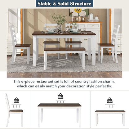 Merax 6-Piece Wooden Rectangular Dining Table Set with 4 Rubber Wood Chairs and 1 Bench