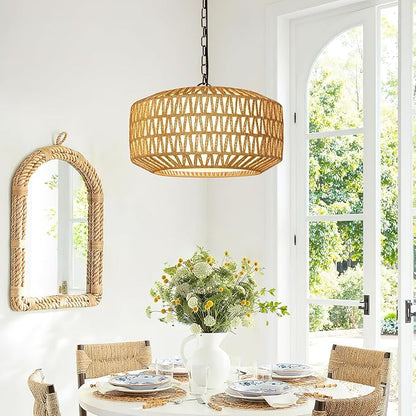 Farmhouse Chandelier Light Fixture, 5-Light Rattan Boho Chandeliers for Dining Room, Hand Woven Pendant Light with Linen Shade, Rustic Hanging Lighting for Kitchen Island, Bedroom (Bulb Not Included)