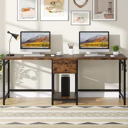 Tribesigns Two Person Desk, 79 Inch Double Desk with 2 Drawers, Large Computer Desk Long Desks with Storage Shelves, Writing Table Study Desk for Home Office, Rustic Brown (NY001)