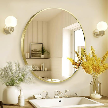 Gold Round Mirror 30 inch, Matte Gold Bathroom Mirror for Vanity, Brushed Metal Framed Circular Wall Mirror for Living Room, Hallway, Entryway