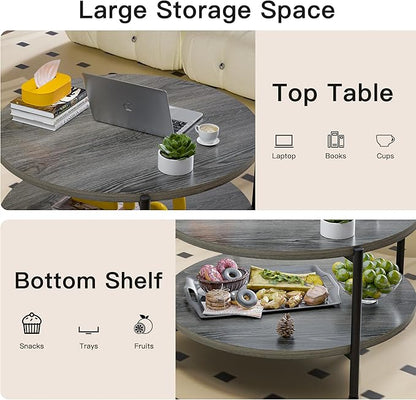 Coffee Table, 2 Tier Coffee Tables for Living Room, Round Coffee Table with Storage, Floor Table for Bedroom, Home Office, Rustic Brown (27.6" D x 18.1" H)