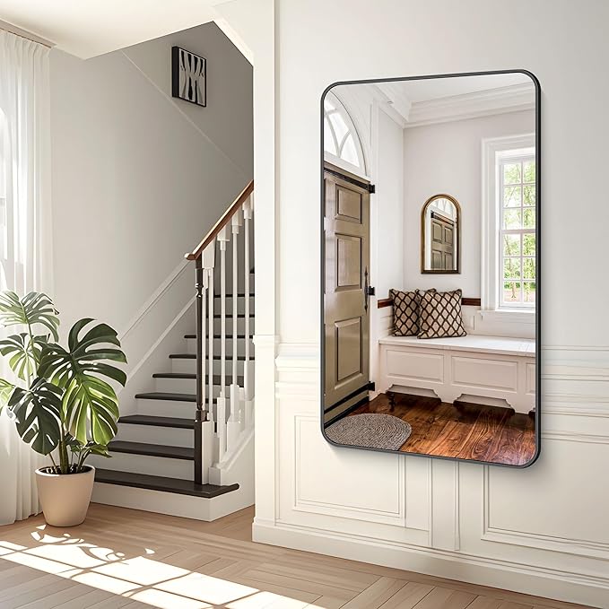 BONEWEI 60x36 inch Large Bathroom Mirror,Black Rectangle Mirror,Wall Mounted Bathroom Frame Vanity Mirror with Round Corner for Bedroom Living Room, Entryway Hangs Horizontal or Vertical