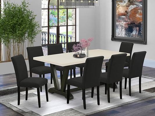 East West Furniture V627AB624-9 9 Piece Dining Table Set Includes a Rectangle Dining Room Table with V-Legs and 8 Black Color Linen Fabric Parsons Chairs, 40x72 Inch, Multi-Color
