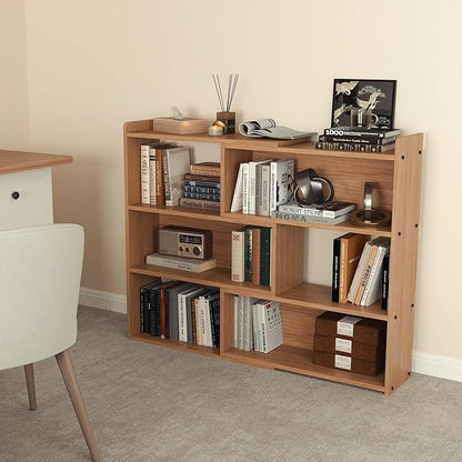 Open Shelf Low Bookcase,Wooden 4-Tier Floor Standing Expandable 25-47 inch Wide Bookcase,with Side Panels Frame for Home and Office