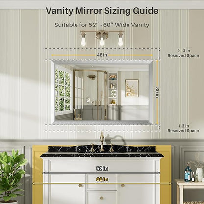 48x30 Inch Silver Bathroom Mirror for Wall, Thick Metal Framed Rectangle Mirrors for Over Sink, Bedroom, Living Room, Entryway, Anti-Rust, HD Tempered Glass