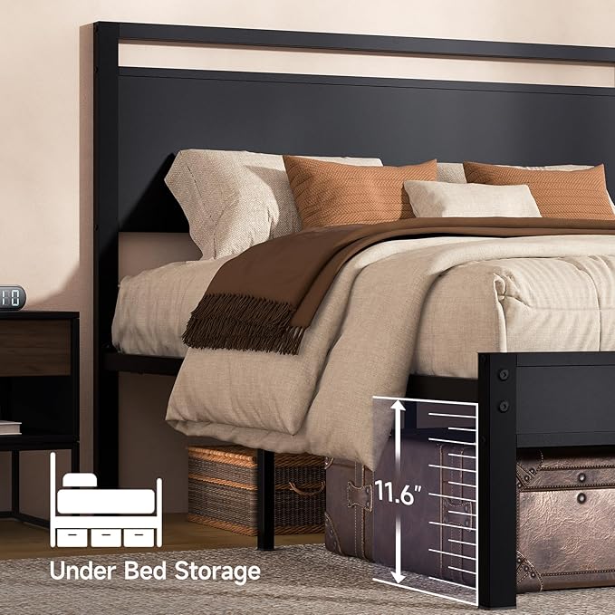 Z-hom Upgraded King Size Bed Frame, Heavy Duty Metal Sturdy King Bed Frame with Modern Wood Headboard & Footboard, Stable Platform Bed Furniture Bed Storage, No Noise, No Box Springs, Black