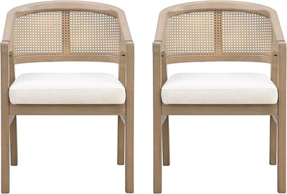 Christopher Knight Home Faritel Modern Wooden Dining Chairs Set of 2, Fabric Upholstered Kitchen Side Armchairs, Living Room Comfy Reading Chair with Curved Rattan Back, Light Ash+Beige