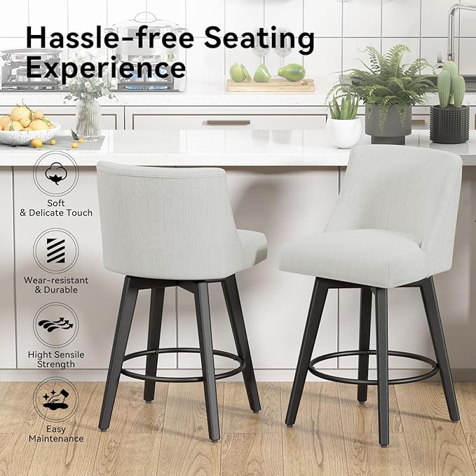 Counter Height Swivel Bar Stools Set of 4, 26 Inch Bar Stools with Footrest, Linen Fabric Upholstered Barstools with Back and Solid Wood Legs for Kitchen Island, Dining Room,Pub,White