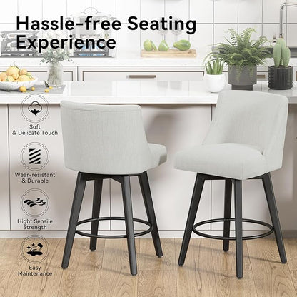 Counter Height Swivel Bar Stools Set of 2, 26 Inch Bar Stools with Footrest, Linen Fabric Upholstered Barstools with Back and Solid Wood Legs for Kitchen Island, Dining Room,Pub,White