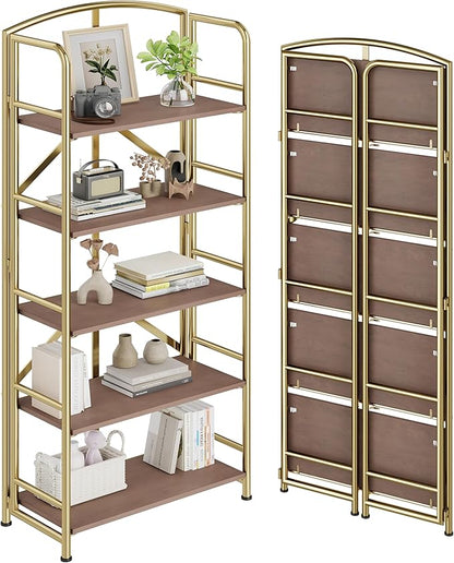 No-Assembly Folding Gold Bookshelf Storage Shelves 5 Tiers Vintage Multifunctional Plant Flower Stand Storage Rack Shelves Bookcase for Home Office
