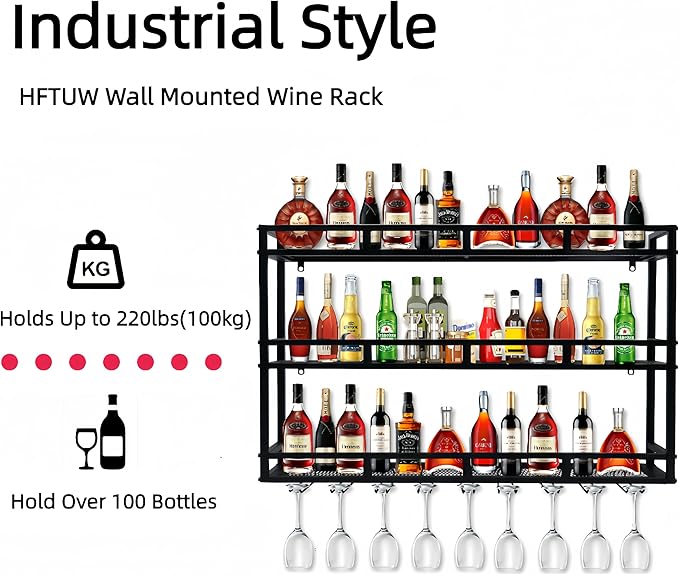 Metal Wine Rack Wall Mounted, Bar Shelves for Liquor Bottles with LED Light, 3 Tier Large Capacity Liquor Rack Wall Mounted with Glass Holder for Home Bar & Dining Room （Black, 79in/200cm）