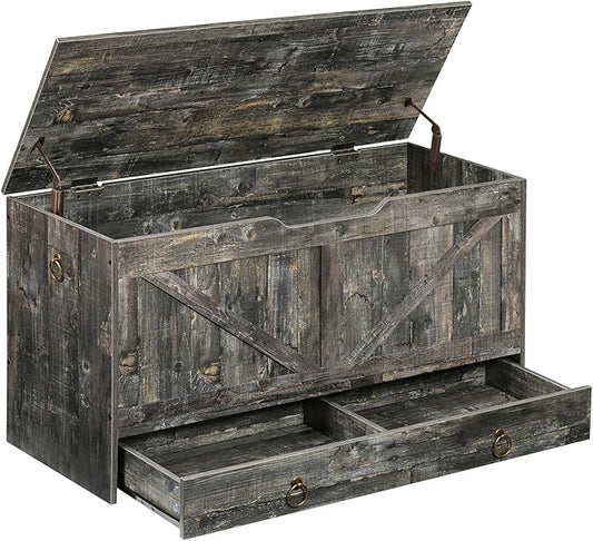 HOOBRO Storage Chest, 39.3" Toy Chest with Drawer, Wooden Storage Bench, Sturdy Entryway Bench Supports 220 lb, Shoe Bench, Safety Hinge, U-Shaped Opening, Easy Assembly, Vintage Gray VP710CW01G1