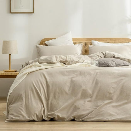 BESTOUCH Duvet Cover Set 100% Washed Cotton Linen Feel Super Soft Comfortable Chic Lightweight 3 PCs Home Bedding Set Solid Almond Milk Grey Queen