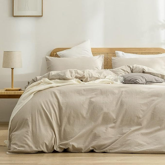 BESTOUCH Duvet Cover Set 100% Washed Cotton Linen Feel Super Soft Comfortable Chic Lightweight 3 PCs Home Bedding Set Solid Almond Milk Grey Oversized King
