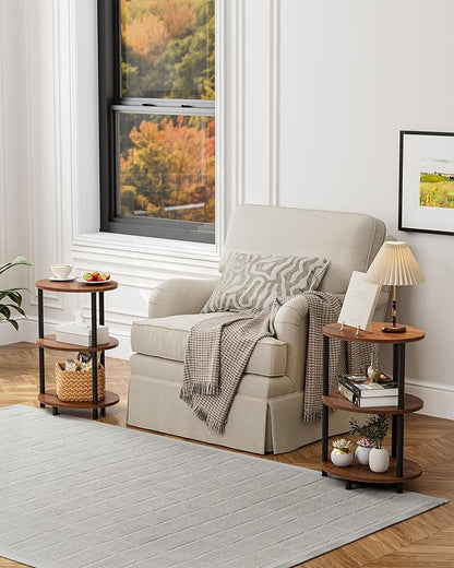Small Round Side Table - 3-Tier Oval Accent Table for Small Spaces, Rustic Wood and Metal Couch End Table, Nightstand for Bedroom or End Table Living Room, Easy to Assemble, Rustic Walnut