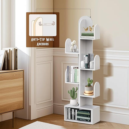 Cactus Tree Bookshelf, 5-Tier Wood 50" Tall Corner Book Storage Rack for CDs/Movies/Books, Small Space-Saving Organizer Shelves for Living Room, Bedroom, Home Office (White)