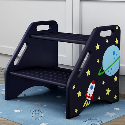 AMBIRD Toddler Step Stool, Space Wooden Two Step Stool for Kids with Non-Slip Pads, Portable Potty Training Stool with Handles for Bathroom, Sink, Kitchen, Bedroom