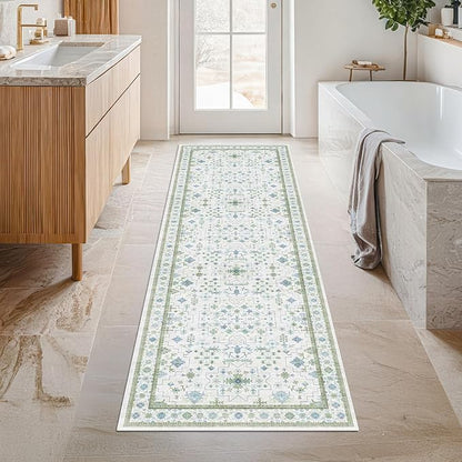 Blue and Green 2x6 Boho Bathroom Runner - Modern Vintage Eclectic Floral Pastel Geometric Oushak Runners, Washable Low Pile Non Slip Small Area Rugs for Kitchen, Hallway, Bedroom, Laundry, Powder Room