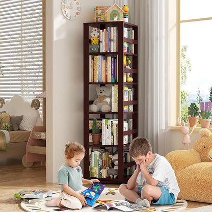 Homykic Rotating Bookshelf, Bamboo 360 Display Spinning Bookshelf Tower, 5-Tier Small Corner Bookcase for Small Spaces, Narrow Revolving Book Shelf Organizer Rack for Home Office, Espresso