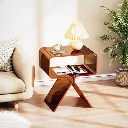 Acrylic Nightstand Side Table Modern Design Clear Home Decor Display End Table for Living Room (Dark Brown)