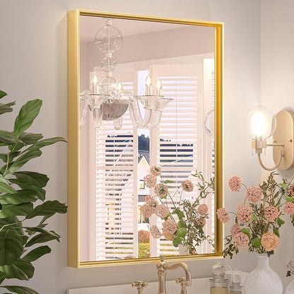 Keonjinn 22 x 30 Inch Gold Bathroom Mirror for Over Sink Brushed Gold Rectangle Wall Mounted Mirror Metal Frame Modern Farmhouse Mirror with Square Corner Framed Mirror(Horizontal/Vertical)
