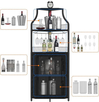 GarveeHome Corner Wine Cabinet with Detachable Wine Rack, 5-Tier Industrial Corner Bar Cabinet with Barn Door and Glass Holder, Farmhouse Buffet Cabinet and Home Bar, Black