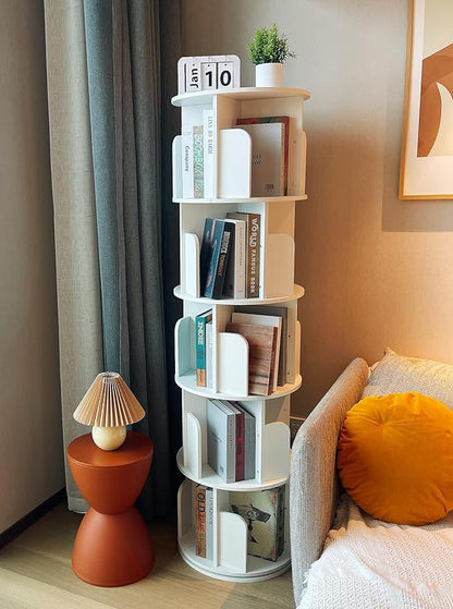 Heehee Wooden Rotating Bookshelf 360 Display Floor Standing Bookcase Storage Rack for Kids&Adults Multi-Functional Bookshelf Organizer (White (5-Tier))