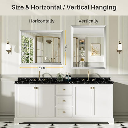 40x32 Inch Silver Bathroom Mirror for Wall, Thick Metal Framed Rectangle Mirrors for Over Sink, Bedroom, Living Room, Entryway, Anti-Rust, HD Tempered Glass