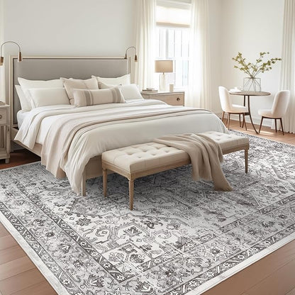 zesthome 8x10 Area Rugs for Living Room,Non-Slip Backing Washable Rugs,Vintage Large Area Rug，Stain Resistant Home Decor Rug (Grey/White,8'x10')