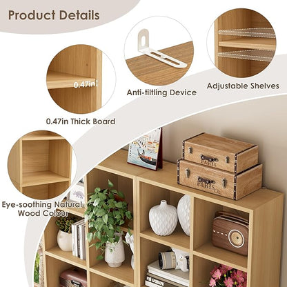 FOTOSOK 71’’ Narrow Bookshelf and Bookcase, Wooden Shelf 7 Tier Media Storage Tower Rack, CD DVD Storage Tower Rack with Adjustable Shelves,Double Wide Slim Bookshelf Cube Storage Organizer, Natural