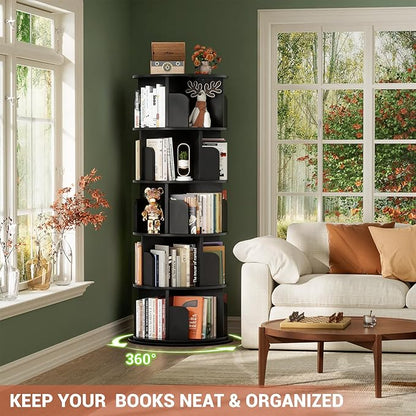 Rotating Bookshelf Tower, 5 Tier Spinning Bookcase, Revolving 360 Book Shelf Narrow Tall Bookcase, Vertical Turning Round Bookshelf Organizer, Wood Corner Book Shelf for Small Space, Black