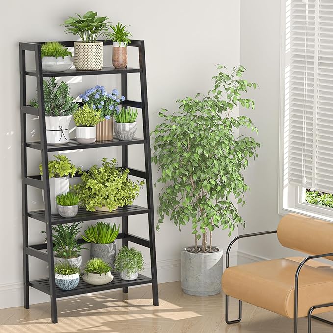 Homykic Bamboo Bookshelf 4-Tier Ladder Shelf, 49.2” Freestanding Open Bookcase Book Shelf Bathroom Storage Shelf Unit Plant Stand for Small Space, Living Room, Bedroom, Home Office, Black