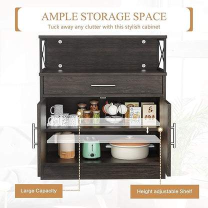 Shintenchi Kitchen Storage Cabinet with Adjustable Shelves and Drawers, Modern Buffet Sideboard, Wood Buffet Cabinet with Doors, Floor Cabinet Cupboard for Coffee Bar Living Room, Dark Brown