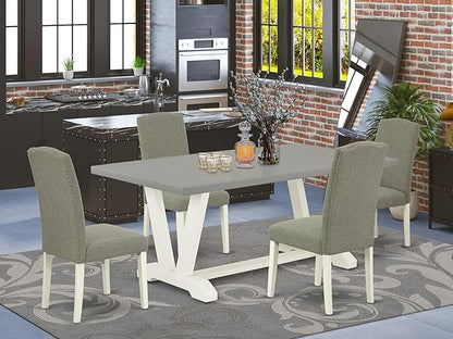 East West Furniture V097EN206-5 5 Piece Dining Table Set Includes a Rectangle Dining Room Table with V-Legs and 4 Dark Shitake Linen Fabric Upholstered Chairs, 40x72 Inch, Multi-Color