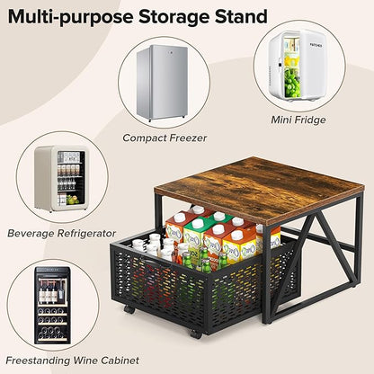 Urban Deco Mini Fridge Stand with Storage, Heavy Duty Fridge Cart with Drawer Basket, Mini Refrigerator Table for 220 LBS, Mobile Fridge Stand with Swivel Wheels for Dorm,Office,Home, Retro Brown