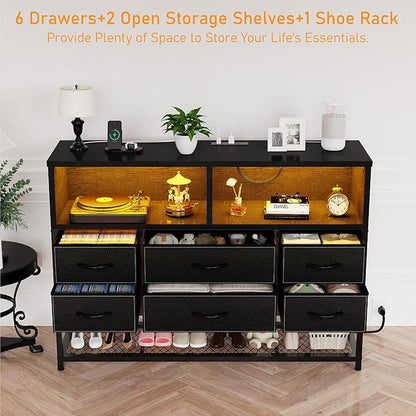Black Dresser for Bedroom, 6 Drawers Led Dresser TV Stand with Power Outlets and LED Lights, Long Fabric Dressers Wide Chest of Drawers with Large Organizer Shoe Rack for Living Room, Entryway