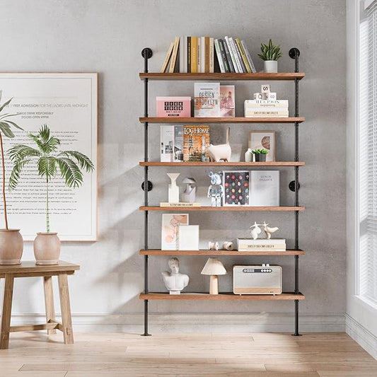 6 Tier Industrial Ladder Shelf Bookcase, Wall Mounted Rustic Bookshelf for Living Room Decor and Storage (Walnut Color, 6 Tier - 10" D x 48" W x 82.5" H)