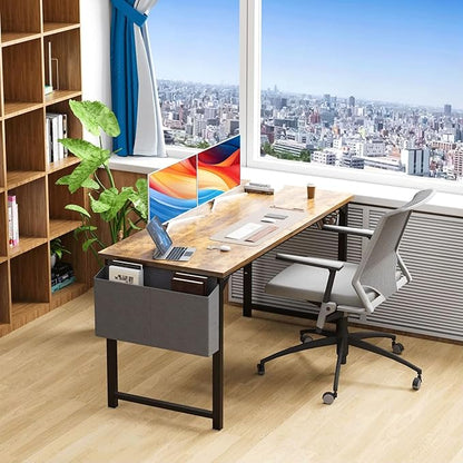 63 Inch Desk Office with Storage, Modern Simple Style Gaming Computer Table for Youth Student Adult, Metal and Wood Home Office Furniture, Rustic Brown