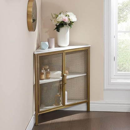 VECELO Corner Cabinet/Table, 3-Tier Shelves with Protection Door, Metal Frame Storage Shelf Organizer for Small Space, Living Room, Kitchen, Bathroom, Set of 1, Gold