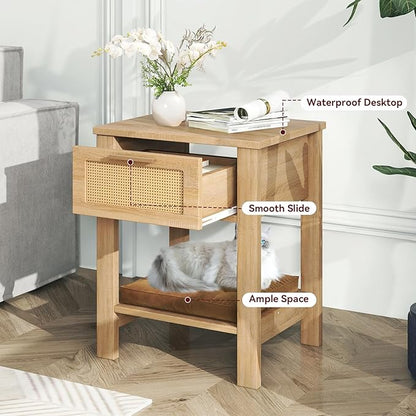 IBUYKE Rattan Nightstand, Boho Night Stand with Drawer, Wood Bedside Tables with Storage Shelf, End Table with Legs for Bedroom, Natural UWNS011N
