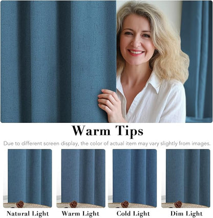H.VERSAILTEX Linen Blackout Curtains Durable Thick Textured Linen Look 100% Blackout Patio Door Curtain Anti Rust Grommet Extra Wide Sliding Door Curtain Panel, Blue Sapphire, W100 x L84 inch